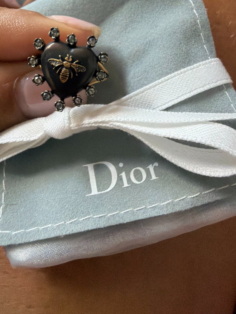 💙 Christian Dior Queen Bee Heart Crystal Ring | Gold & Black | Size 10 | Rare